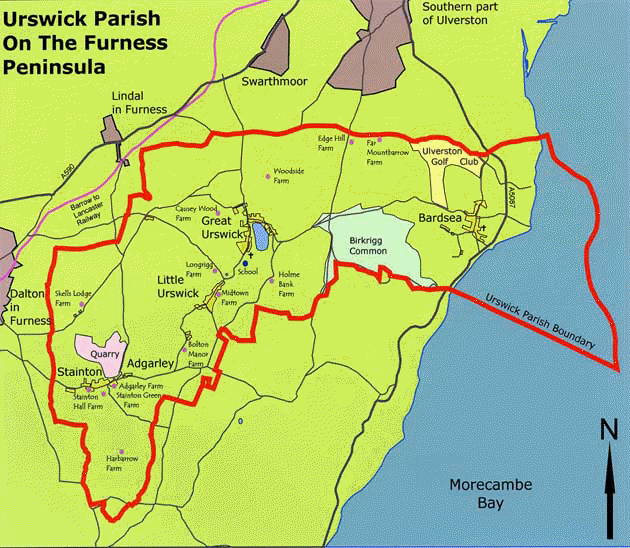 Map of Urswick Parish showing boundaries, villages and hamlets